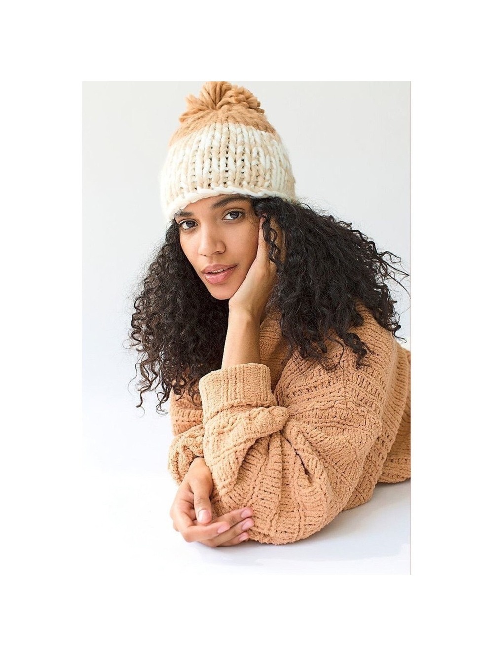 Free People Cozy Up Color Block Pom Beanie in Oat & Camel